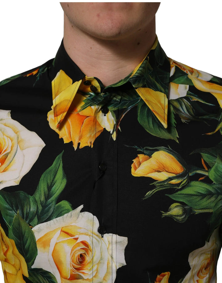 Dolce &amp; Gabbana Sample Sale | Dolce &amp; Gabbana Black Floral Stretch Cotton SICILIA Fit Dress Shirt - | Designer outlet