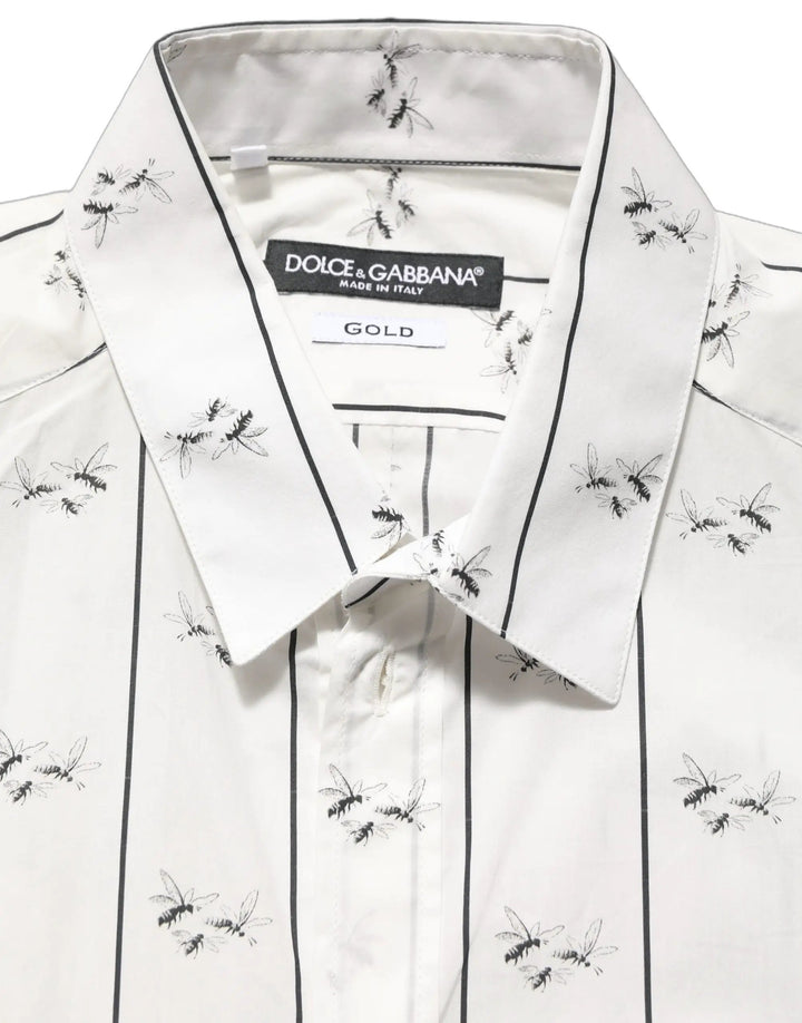 Dolce &amp; Gabbana Sample Sale | Dolce &amp; Gabbana White Bee Print Cotton GOLD Fit Dress Shirt - | Designer outlet
