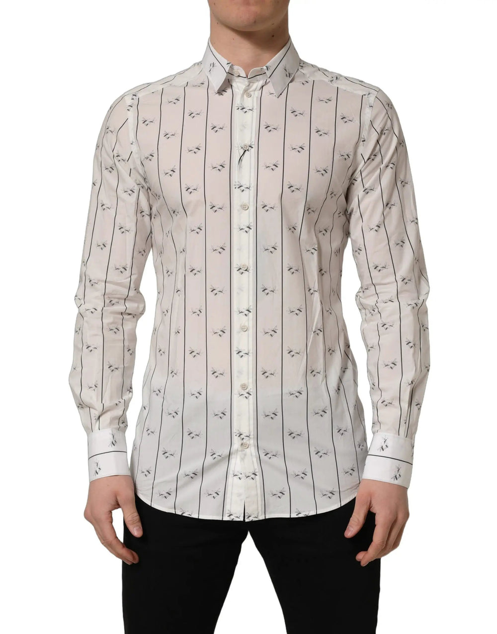 Dolce & Gabbana Sample Sale | Dolce & Gabbana White Bee Print Cotton GOLD Fit Dress Shirt - | Designer outlet