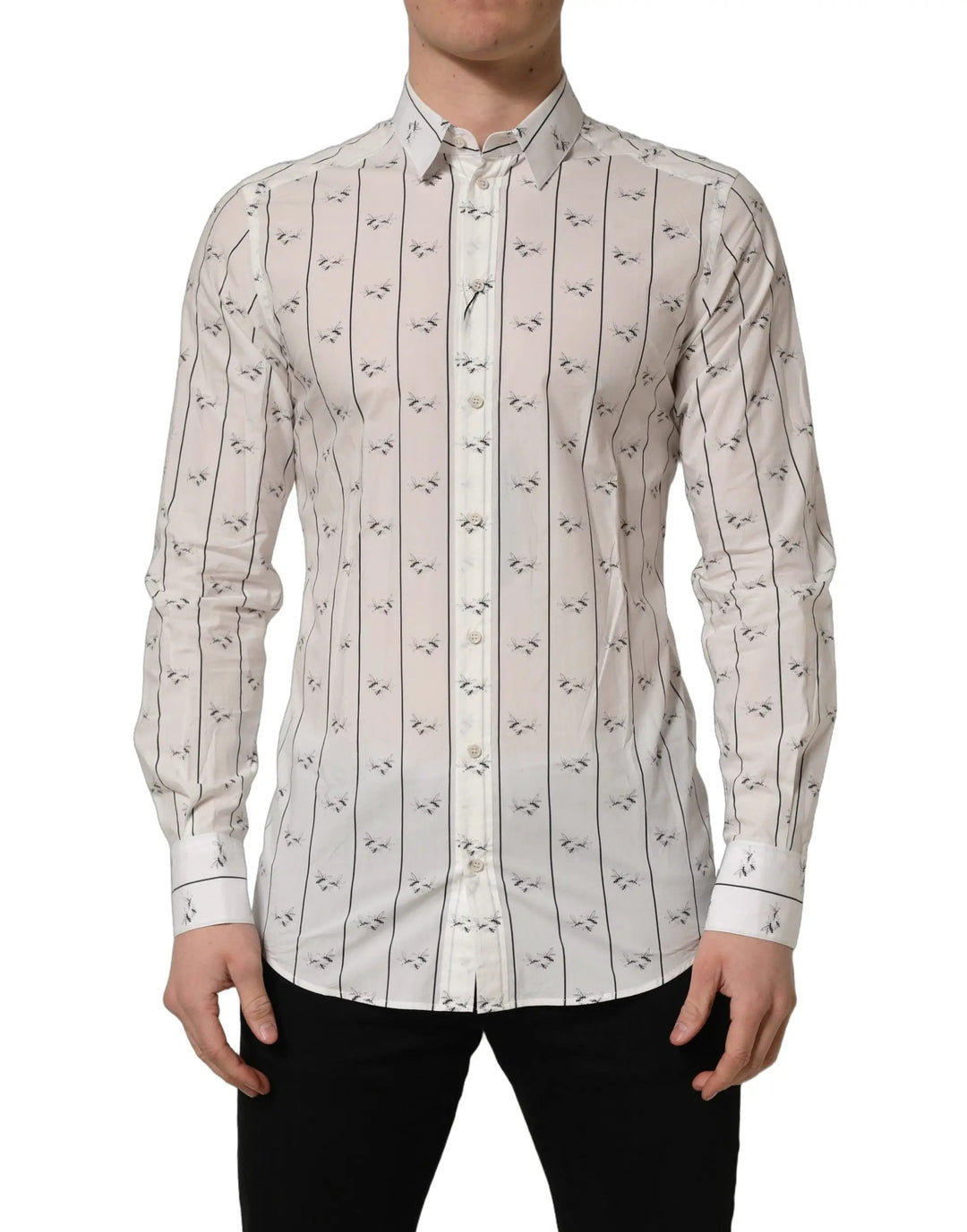 Dolce &amp; Gabbana Sample Sale | Dolce &amp; Gabbana White Bee Print Cotton GOLD Fit Dress Shirt - | Designer outlet