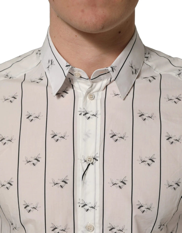 Dolce &amp; Gabbana Sample Sale | Dolce &amp; Gabbana White Bee Print Cotton GOLD Fit Dress Shirt - | Designer outlet