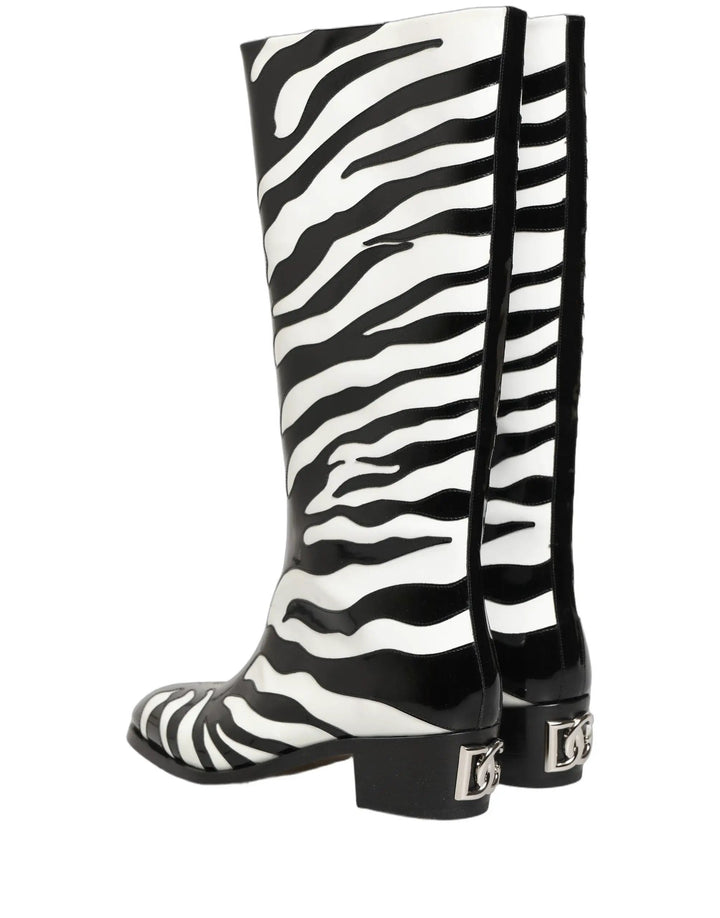 Dolce &amp; Gabbana Black White Zebra Knee High Men Boots Shoes