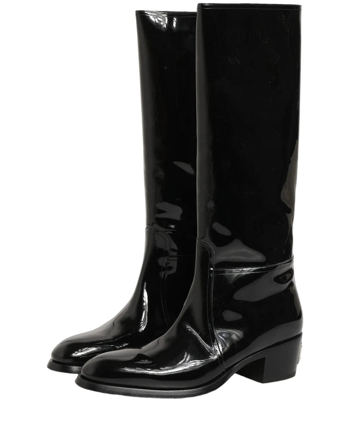 Dolce &amp; Gabbana Sample Sale | Dolce &amp; Gabbana Black Leather Knee High Heels Boots Shoes - | Designer outlet