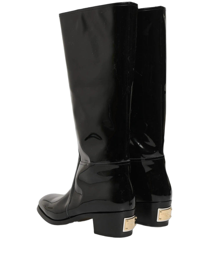 Dolce &amp; Gabbana Sample Sale | Dolce &amp; Gabbana Black Leather Knee High Heels Boots Shoes - | Designer outlet