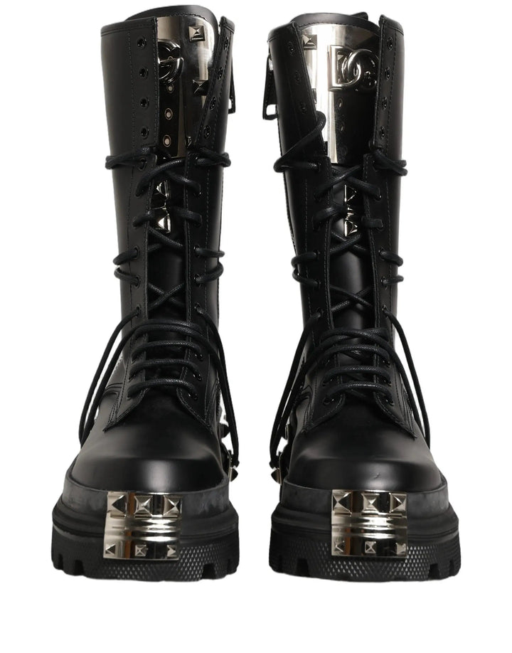 Dolce &amp; Gabbana Black Stud Platform Combat High Boots Shoes