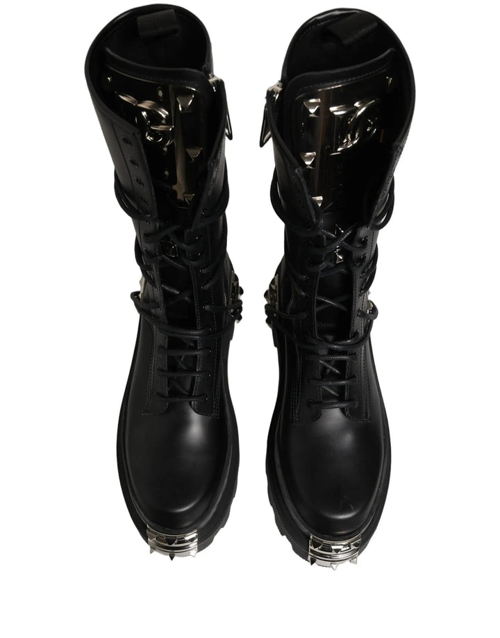 Dolce &amp; Gabbana Black Stud Platform Combat High Boots Shoes