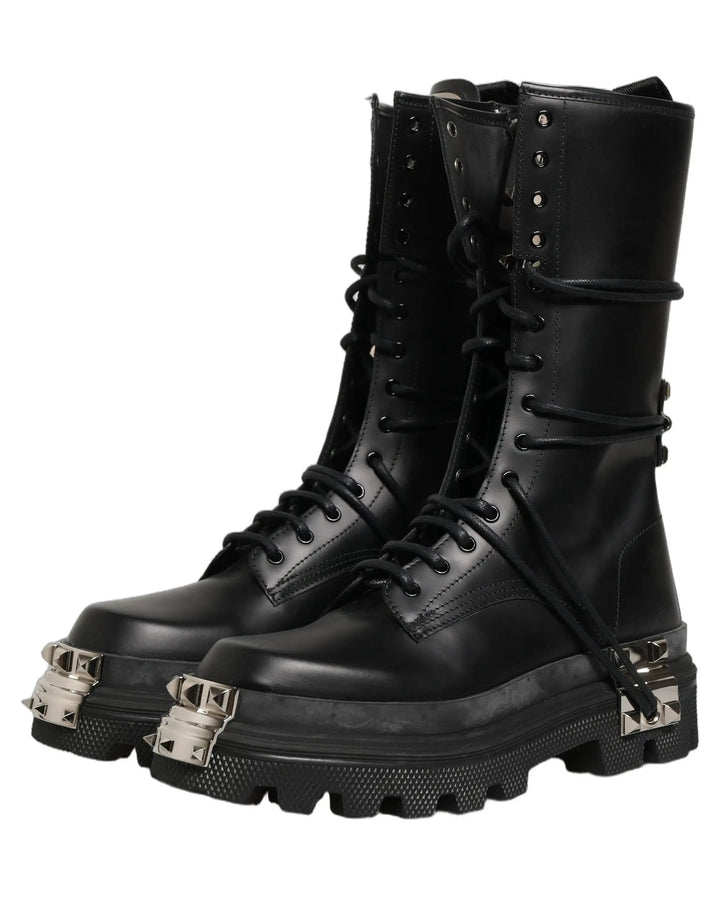 Dolce &amp; Gabbana Black Stud Platform Combat High Boots Shoes