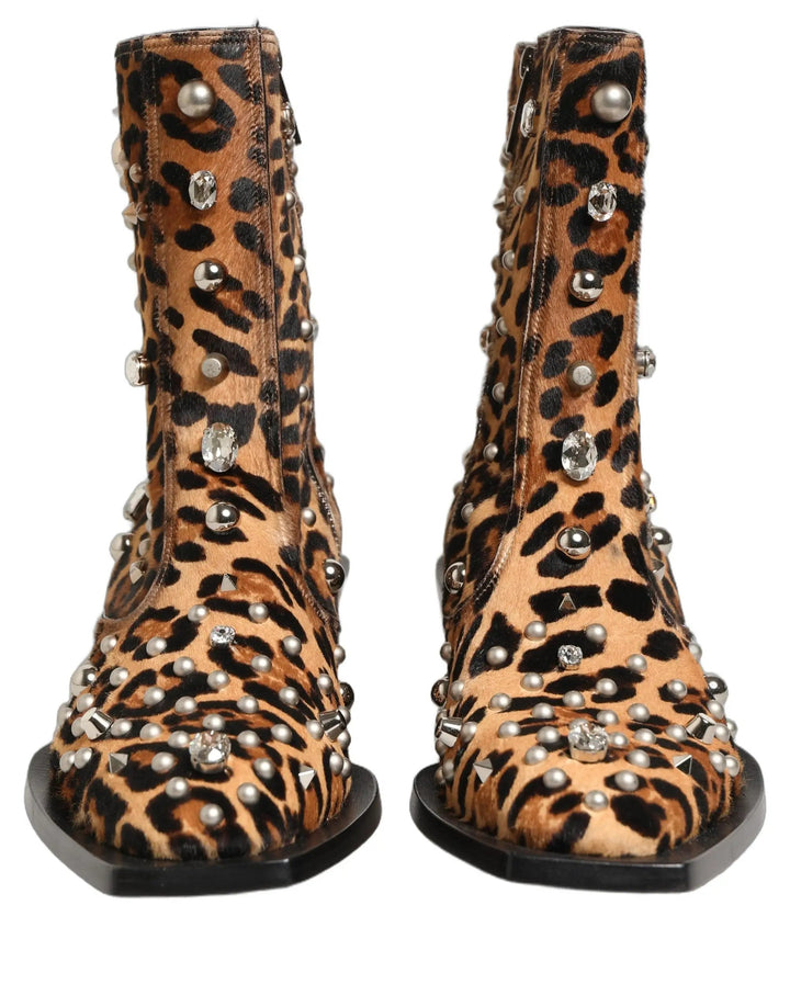 Dolce &amp; Gabbana Sample Sale | Dolce &amp; Gabbana Brown Leopard Embellished Mid Calf Men Boots Shoes - | Designer outlet