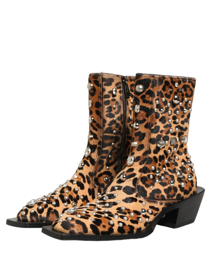 Dolce &amp; Gabbana Sample Sale | Dolce &amp; Gabbana Brown Leopard Embellished Mid Calf Men Boots Shoes - | Designer outlet