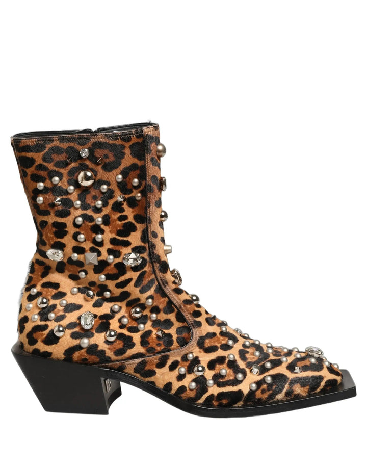 Dolce &amp; Gabbana Sample Sale | Dolce &amp; Gabbana Brown Leopard Embellished Mid Calf Men Boots Shoes - | Designer outlet