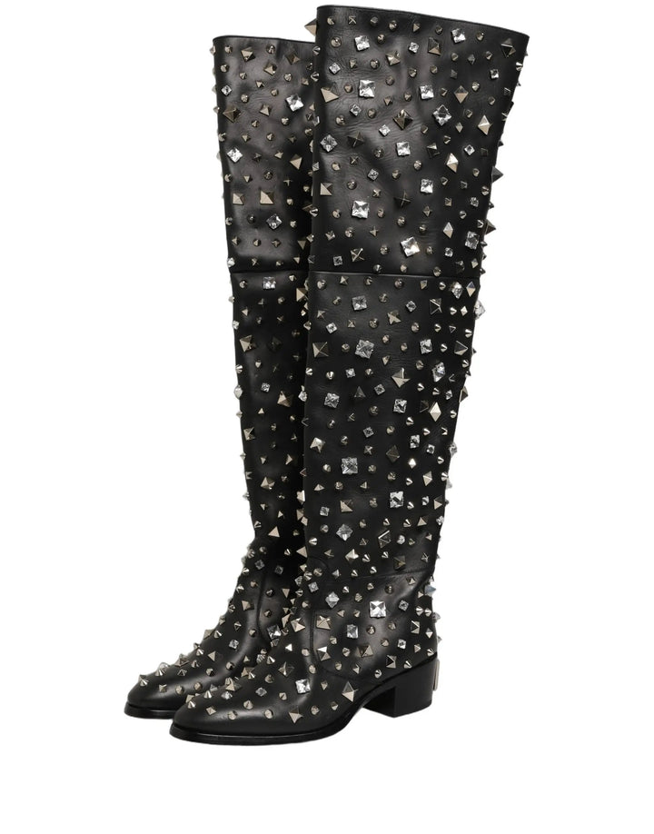 Dolce &amp; Gabbana Sample Sale | Dolce &amp; Gabbana Black Crystal Embellished High Boots Shoes - | Designer outlet