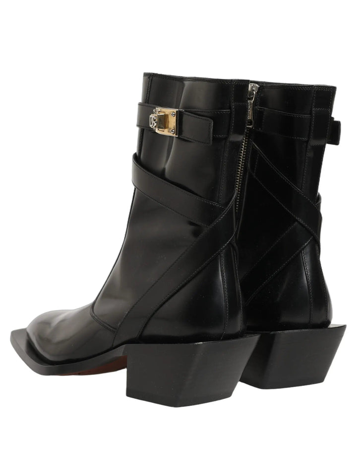 Dolce &amp; Gabbana Sample Sale | Dolce &amp; Gabbana Black Leather DG Plaque Mid Calf Boots Shoes - | Designer outlet