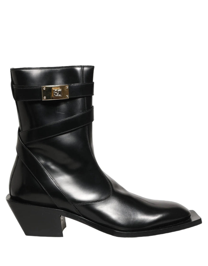 Dolce &amp; Gabbana Sample Sale | Dolce &amp; Gabbana Black Leather DG Plaque Mid Calf Boots Shoes - | Designer outlet