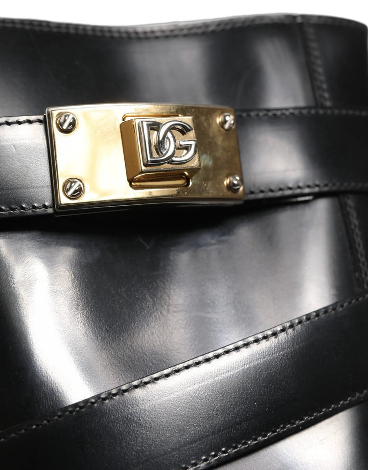 Dolce &amp; Gabbana Sample Sale | Dolce &amp; Gabbana Black Leather DG Plaque Mid Calf Boots Shoes - | Designer outlet
