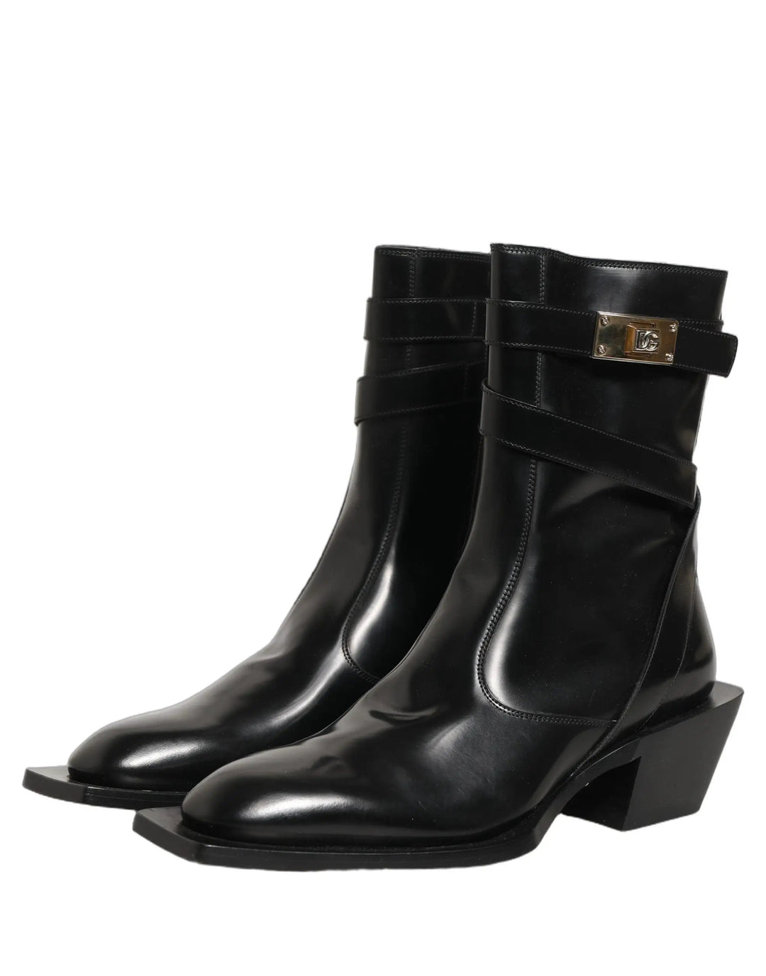 Dolce &amp; Gabbana Sample Sale | Dolce &amp; Gabbana Black Leather DG Plaque Mid Calf Boots Shoes - | Designer outlet
