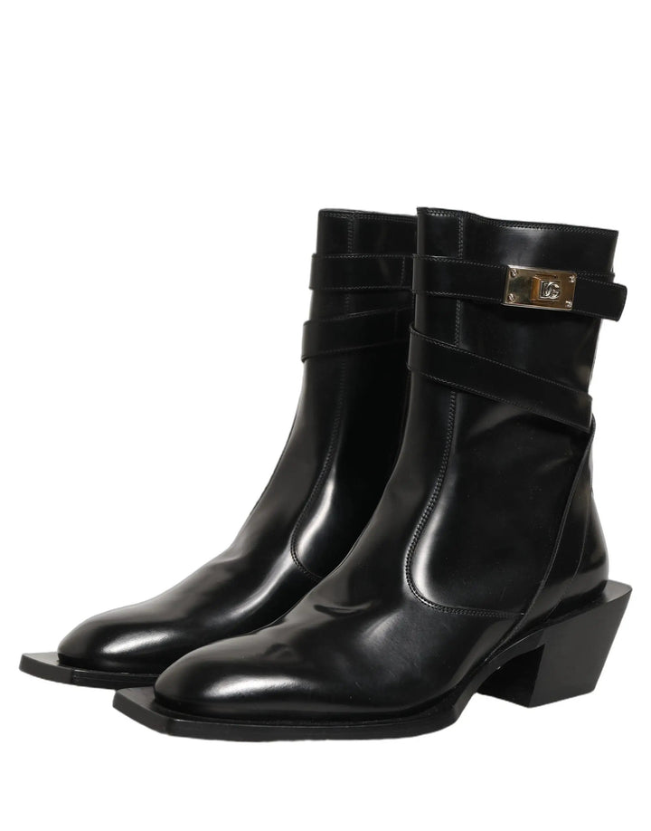 Dolce &amp; Gabbana Sample Sale | Dolce &amp; Gabbana Black Leather DG Plaque Mid Calf Boots Shoes - | Designer outlet