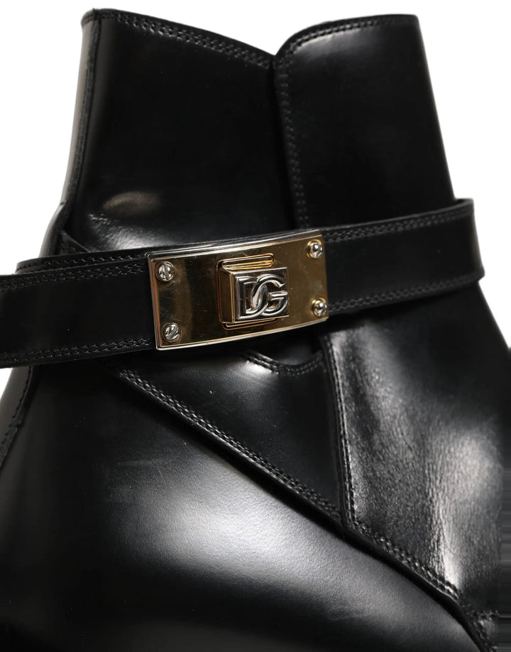 Dolce &amp; Gabbana Sample Sale | Dolce &amp; Gabbana Black Leather DG Plaque Ankle Boots Shoes - | Designer outlet