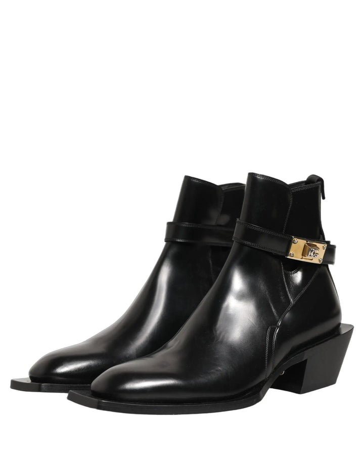 Dolce &amp; Gabbana Sample Sale | Dolce &amp; Gabbana Black Leather DG Plaque Ankle Boots Shoes - | Designer outlet