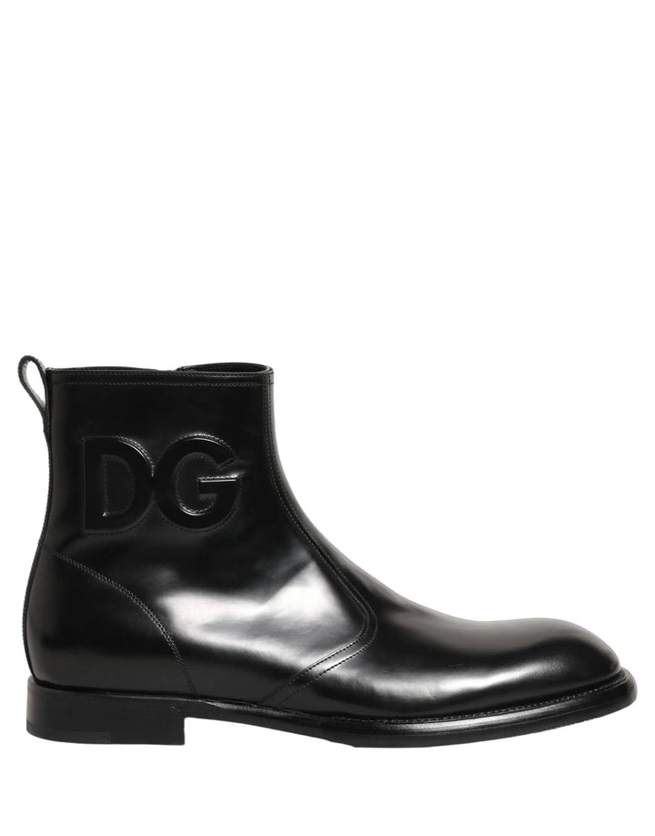 Dolce &amp; Gabbana Sample Sale | Dolce &amp; Gabbana Black Leather Embossed Logo Ankle Boots Shoes - | Designer outlet