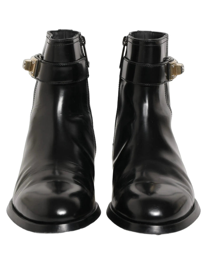 Dolce &amp; Gabbana Sample Sale | Dolce &amp; Gabbana Black Leather Logo Buckle Mid Calf Boots Shoes - | Designer outlet