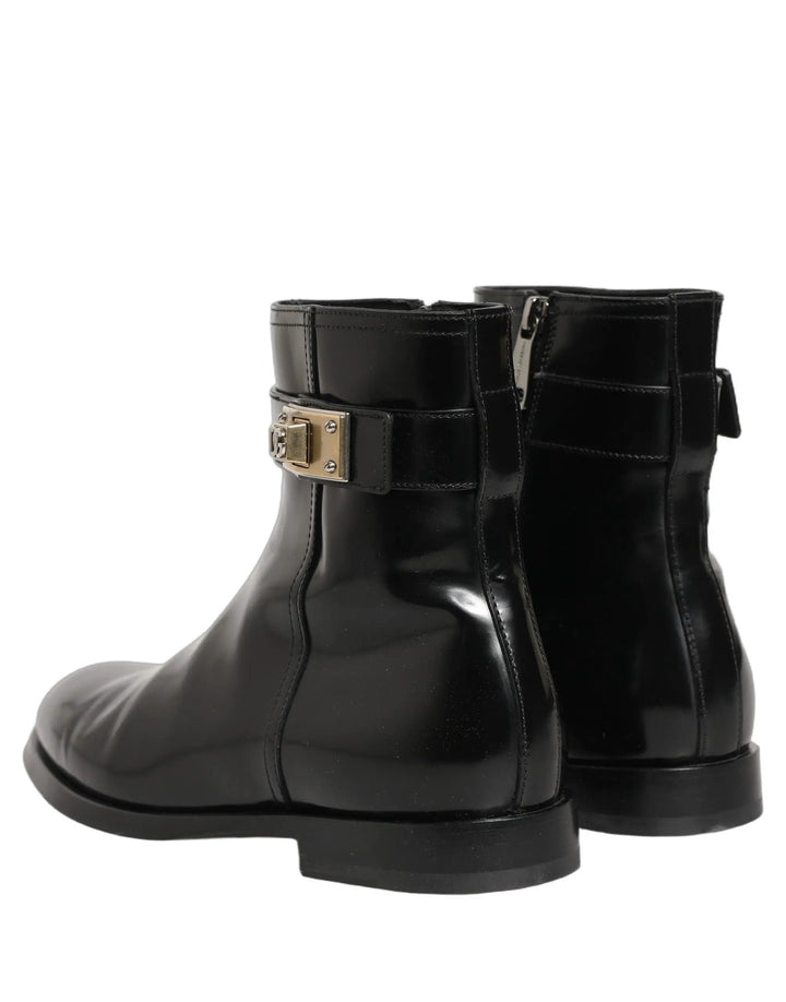 Dolce &amp; Gabbana Sample Sale | Dolce &amp; Gabbana Black Leather Logo Buckle Mid Calf Boots Shoes - | Designer outlet