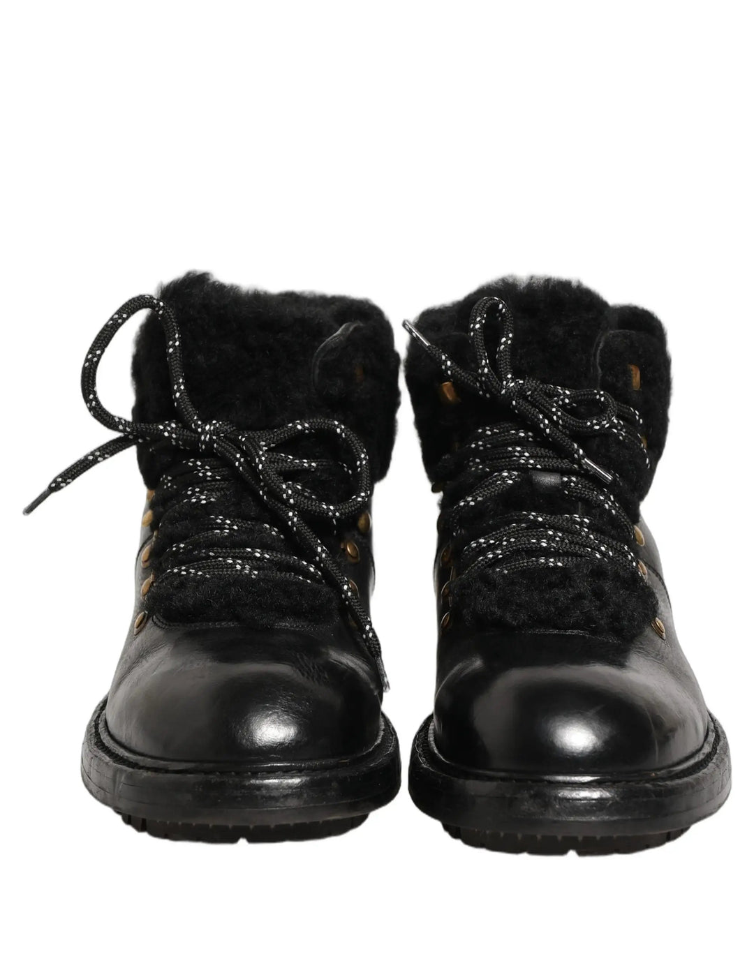 Dolce &amp; Gabbana Sample Sale | Dolce &amp; Gabbana Black Trekking Fur Lace Leather Boots Shoes - | Designer outlet