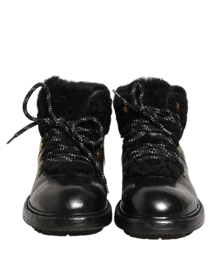 Dolce &amp; Gabbana Sample Sale | Dolce &amp; Gabbana Black Trekking Fur Lace Leather Boots Shoes - | Designer outlet