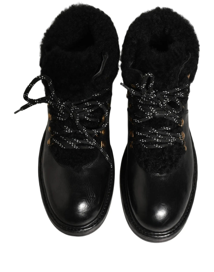 Dolce &amp; Gabbana Sample Sale | Dolce &amp; Gabbana Black Trekking Fur Lace Leather Boots Shoes - | Designer outlet