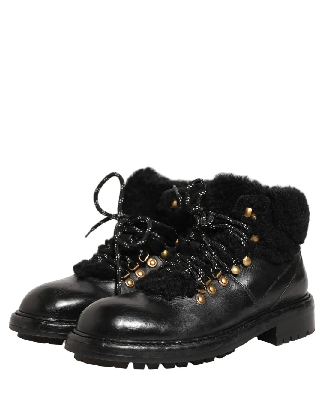 Dolce &amp; Gabbana Sample Sale | Dolce &amp; Gabbana Black Trekking Fur Lace Leather Boots Shoes - | Designer outlet