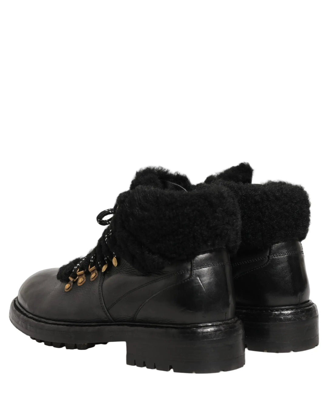 Dolce &amp; Gabbana Sample Sale | Dolce &amp; Gabbana Black Trekking Fur Lace Leather Boots Shoes - | Designer outlet