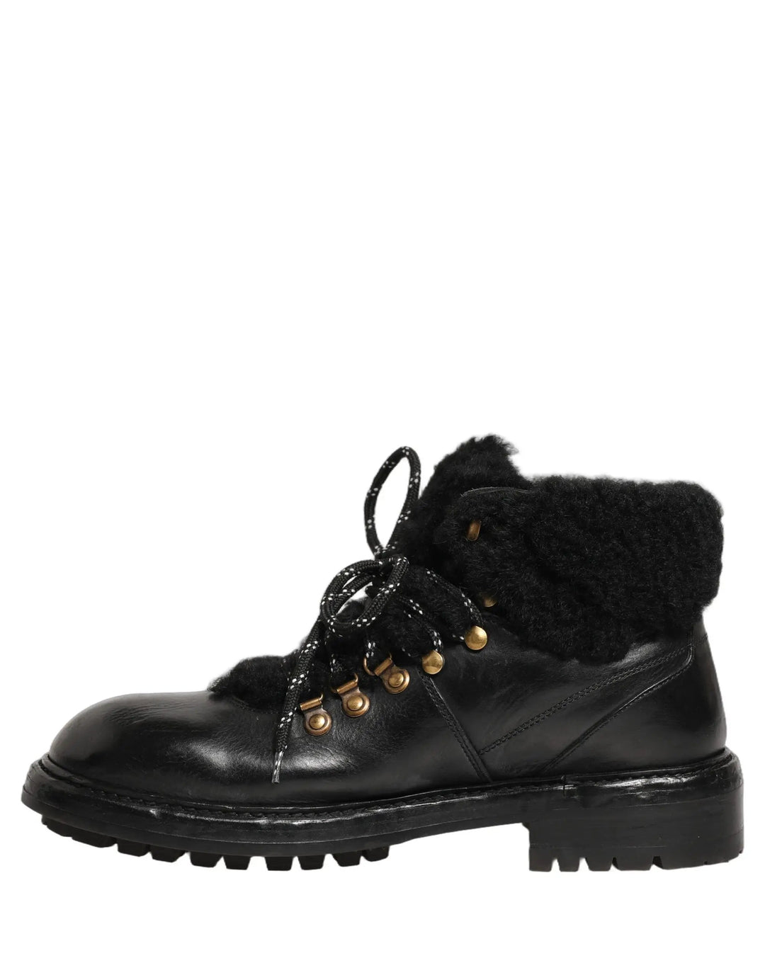 Dolce &amp; Gabbana Sample Sale | Dolce &amp; Gabbana Black Trekking Fur Lace Leather Boots Shoes - | Designer outlet