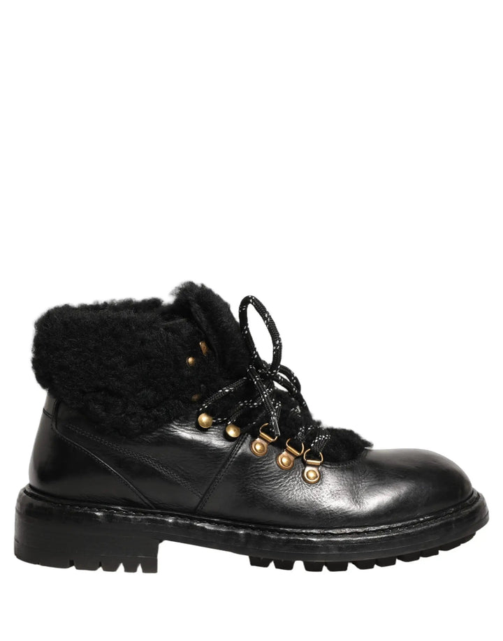 Dolce &amp; Gabbana Sample Sale | Dolce &amp; Gabbana Black Trekking Fur Lace Leather Boots Shoes - | Designer outlet