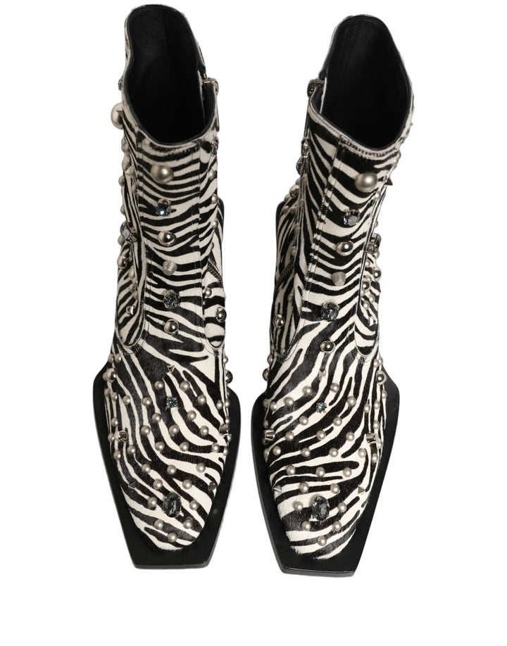 Dolce &amp; Gabbana Sample Sale | Dolce &amp; Gabbana Black White Zebra Embellished Boots Shoes - | Designer outlet