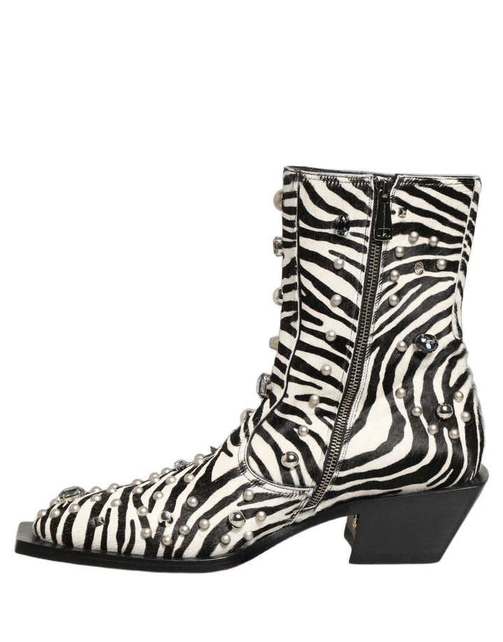 Dolce &amp; Gabbana Sample Sale | Dolce &amp; Gabbana Black White Zebra Embellished Boots Shoes - | Designer outlet