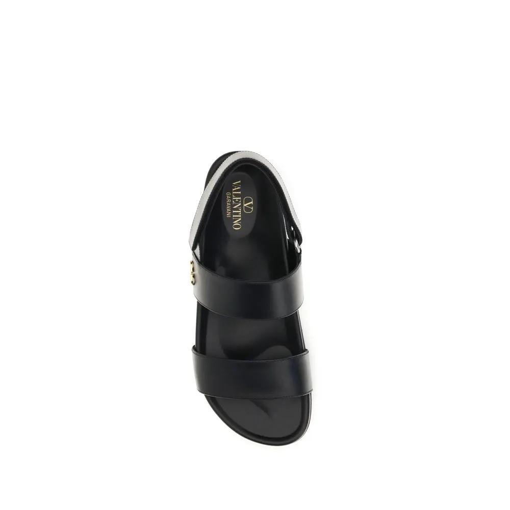 Valentino Garavani Black Calf Leather Bos Taurus Flat Sandals