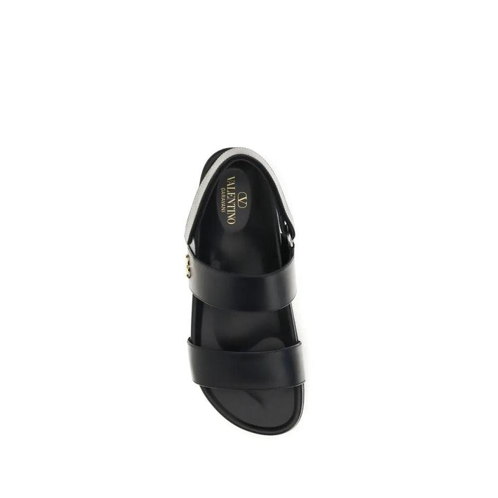 Valentino Garavani Black Calf Leather Bos Taurus Flat Sandals