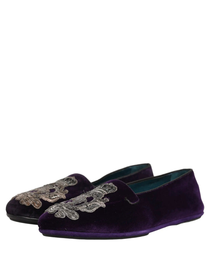 Dolce &amp; Gabbana Sample Sale | Dolce &amp; Gabbana Purple Velvet Crown Embroidery Loafers Shoes - | Designer outlet