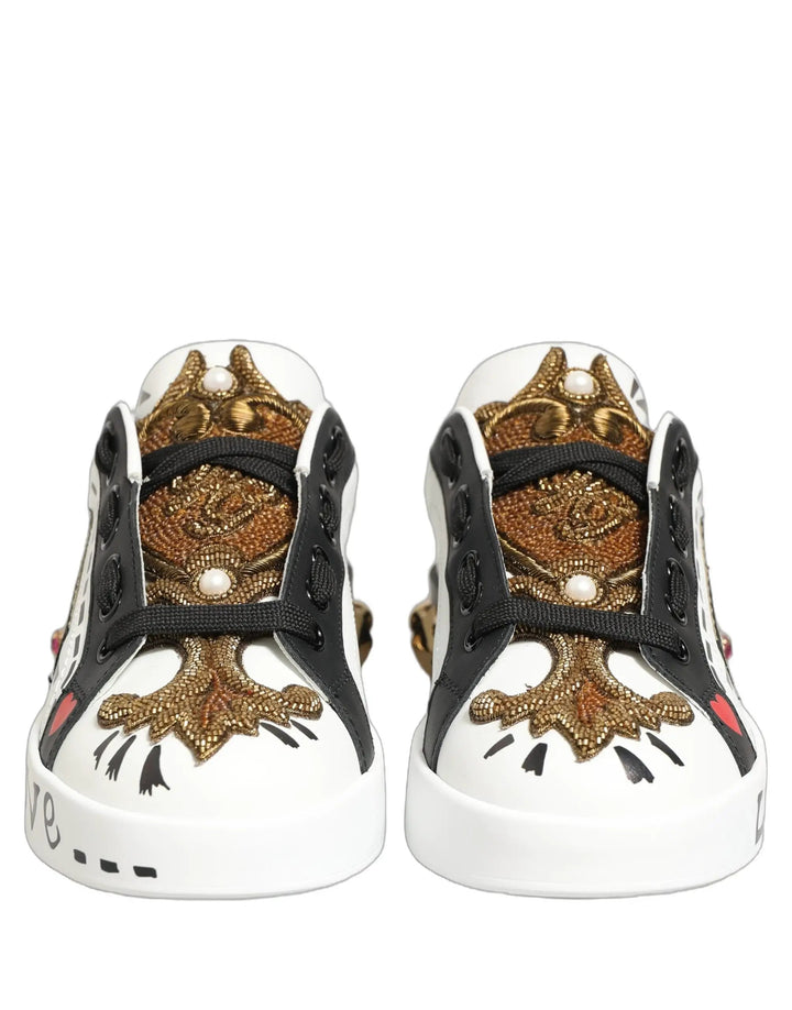 Dolce &amp; Gabbana White Gold Studded Portofino Sneakers Shoes