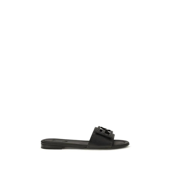 Fendi Sample Sale | Fendi Black Calf Leather Bos Taurus Flat Sandals - | Designer outlet