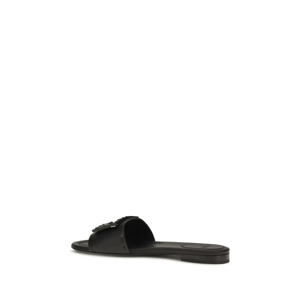 Fendi Sample Sale | Fendi Black Calf Leather Bos Taurus Flat Sandals - | Designer outlet