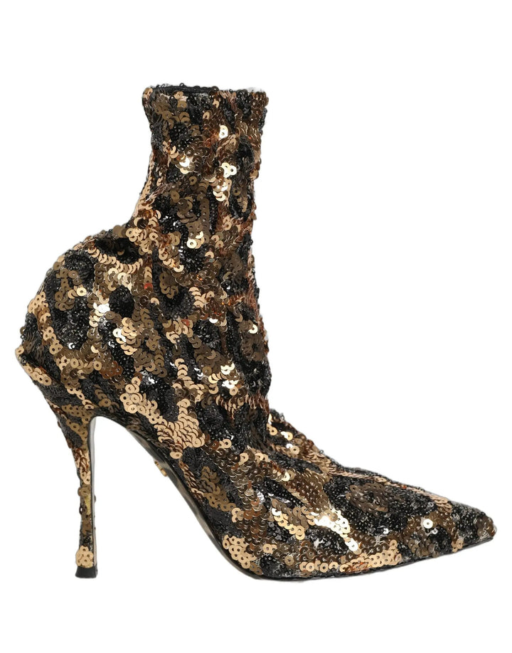 Dolce &amp; Gabbana Sample Sale | Dolce &amp; Gabbana Gold Leopard Sequin Sock Ankle Boots Shoes - | Designer outlet