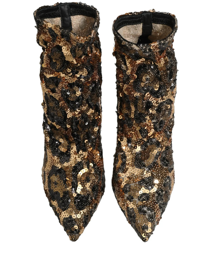 Dolce &amp; Gabbana Sample Sale | Dolce &amp; Gabbana Gold Leopard Sequin Sock Ankle Boots Shoes - | Designer outlet