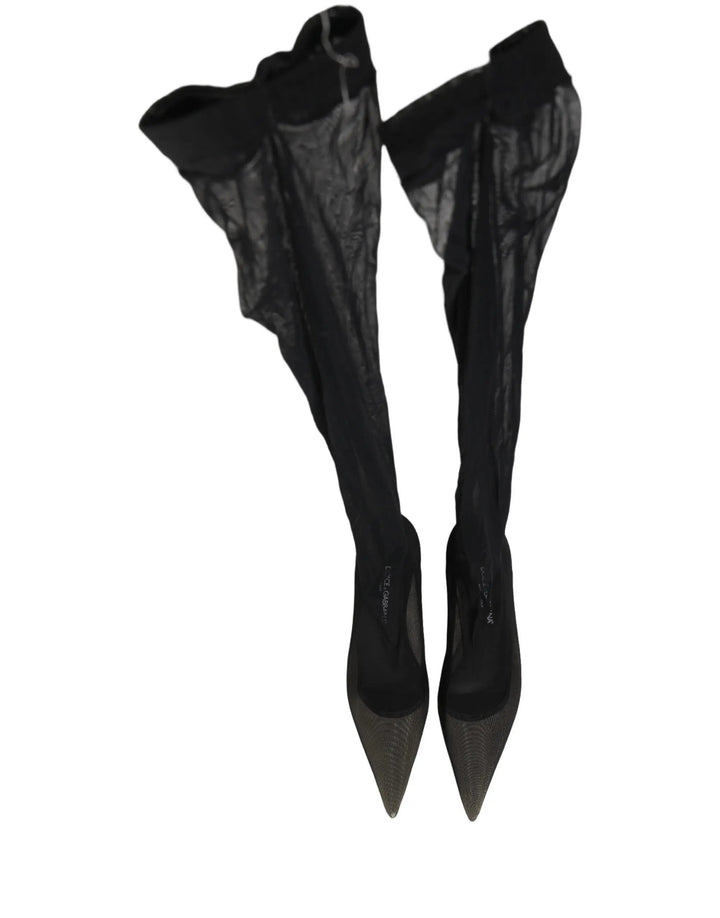 Dolce &amp; Gabbana Sample Sale | Dolce &amp; Gabbana Black Over The Knee Tulle Flats Boots Shoes - | Designer outlet