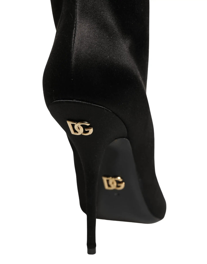 Dolce &amp; Gabbana Sample Sale | Dolce &amp; Gabbana Black Satin Knee High Stiletto Boots Shoes - | Designer outlet