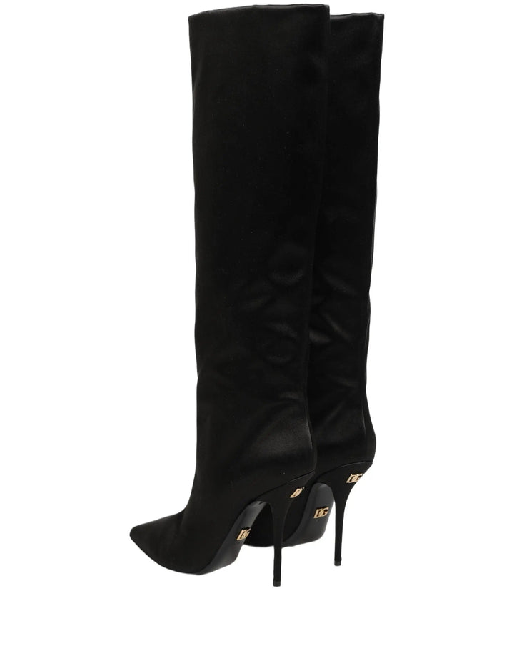 Dolce &amp; Gabbana Sample Sale | Dolce &amp; Gabbana Black Satin Knee High Stiletto Boots Shoes - | Designer outlet