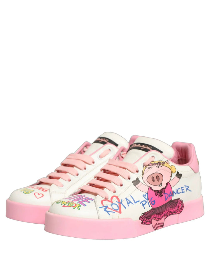 Dolce &amp; Gabbana Sample Sale | Dolce &amp; Gabbana White Pink Portofino Royal Pig Sneakers Shoes - | Designer outlet