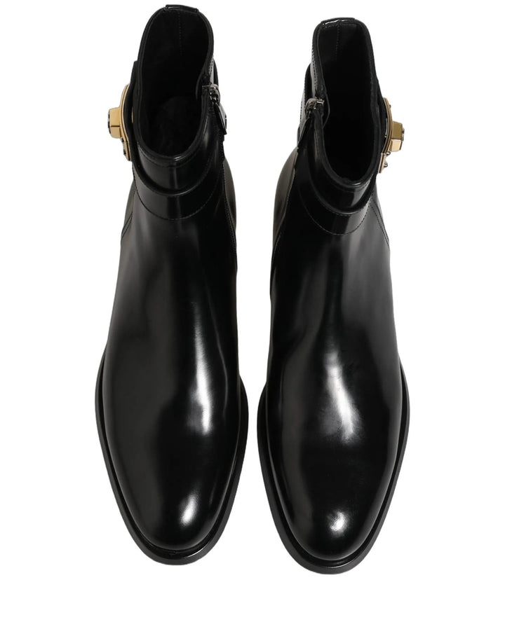 Dolce &amp; Gabbana Sample Sale | Dolce &amp; Gabbana Black Leather Logo Buckle Mid Calf Boots Shoes - | Designer outlet