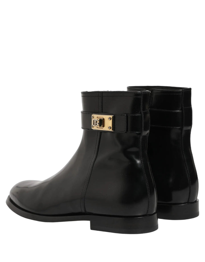 Dolce &amp; Gabbana Sample Sale | Dolce &amp; Gabbana Black Leather Logo Buckle Mid Calf Boots Shoes - | Designer outlet