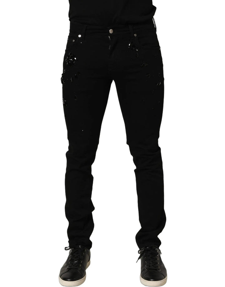 Dolce &amp; Gabbana Sample Sale | Dolce &amp; Gabbana Black Embellished Cotton Skinny Denim Jeans - | Designer outlet