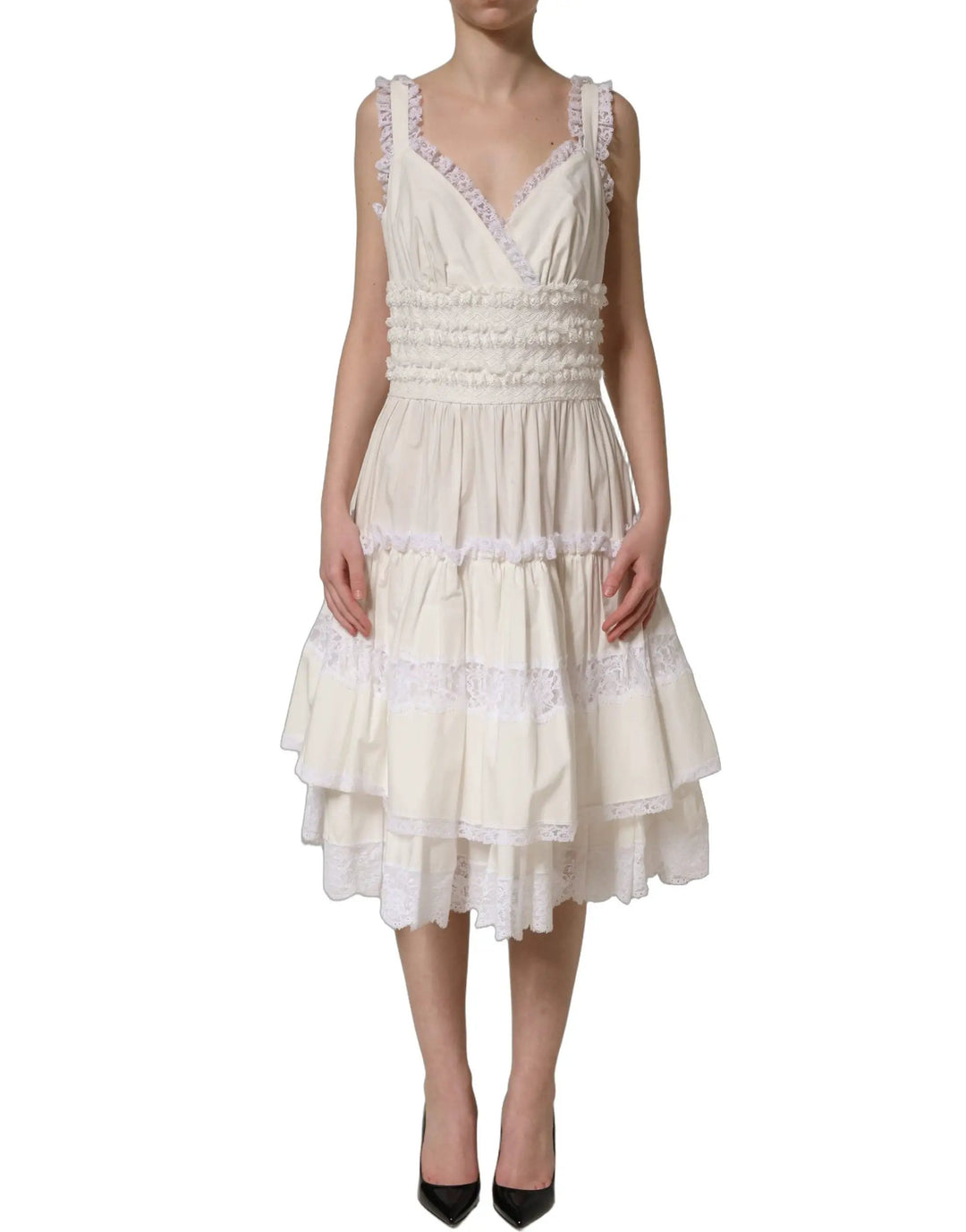 Dolce &amp; Gabbana Sample Sale | Dolce &amp; Gabbana White Cotton Poplin Ruffled Midi Dress - | Designer outlet